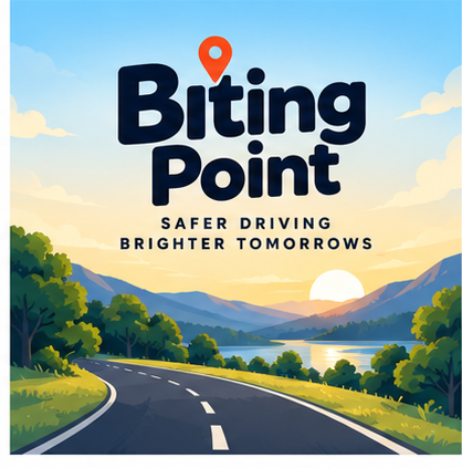 Biting Point logo with an orange map pin over a sunlit road through green hills, and the tagline Safer driving, brighter tomorrows