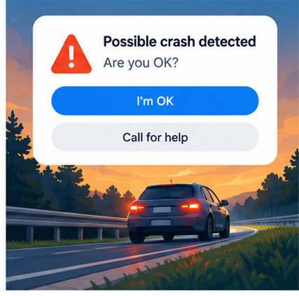 Illustration of a crash alert card over a road at dusk