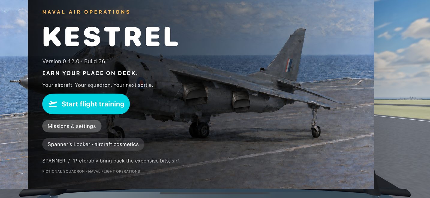 Kestrel on iPhone: the opening menu with the jump jet on the carrier deck