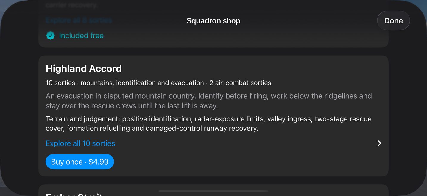 Kestrel on iPhone: Spanner's Locker showing the Highland Accord campaign pack with its App Store price