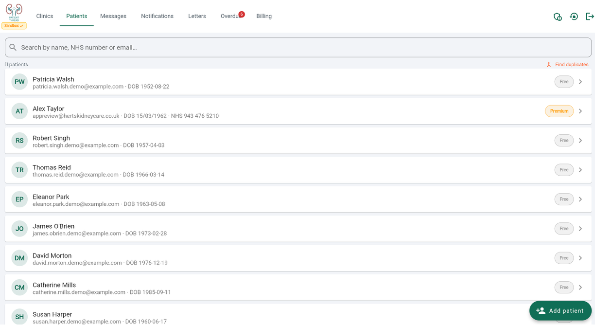 Patient list in Patient Thread clinical app