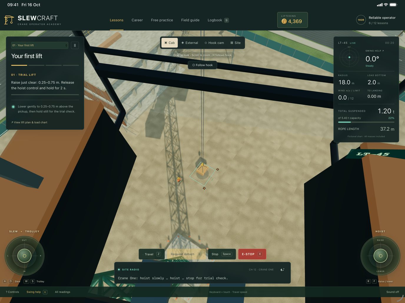Slewcraft on iPad: the in-cab view during a lift, with the load suspended over the yard, live instruments and the site radio
