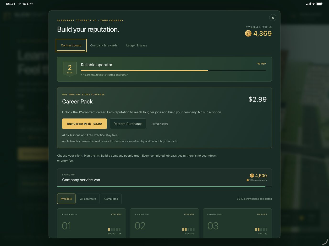 Slewcraft on iPad: the career contract board with the Career Pack purchase panel, reputation rank and client contracts