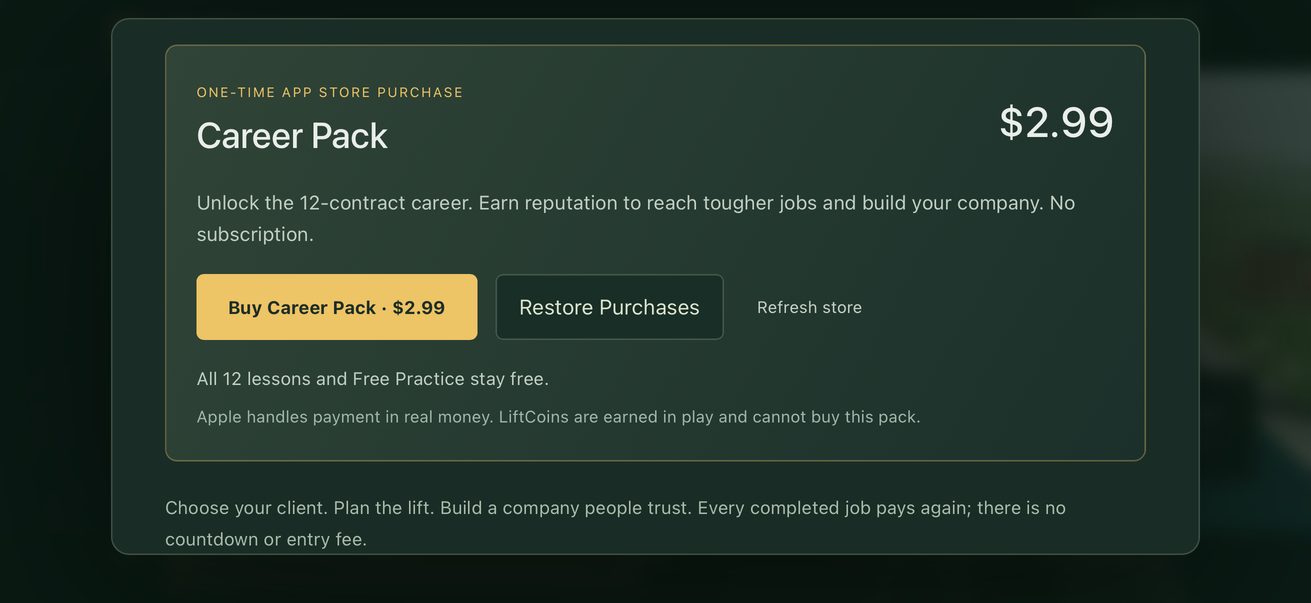 Career contract board on iPhone with the Career Pack purchase panel